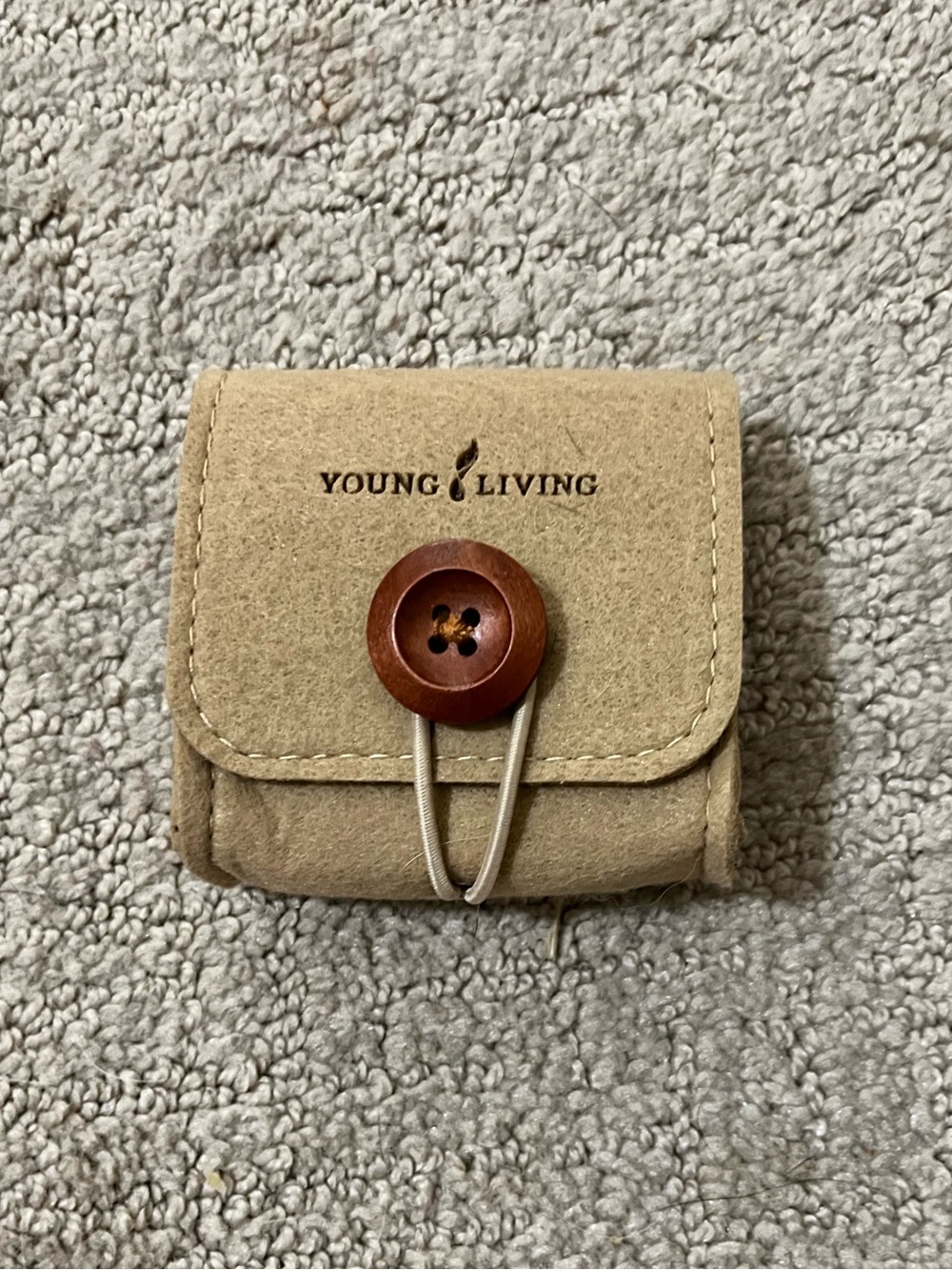 Young Living Tan Suede Travel Pouch with Wooden Button